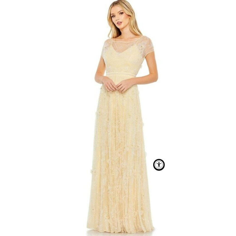 Mac Duggal 3D Floral Beaded Illusion Neck Formal Gown Maxi Dress Yellow 10 NWT